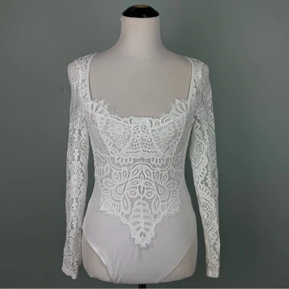 White Lace Sheer Bodysuit - Picture 1 of 7